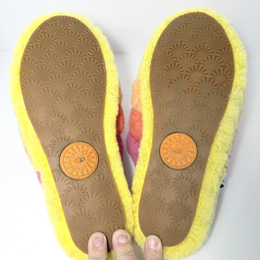 UGG Fluff Yeah Slide Rainbow Sheepskin Slippers Pink Orange Yellow Est. Size 9 - Picture 5 of 8
